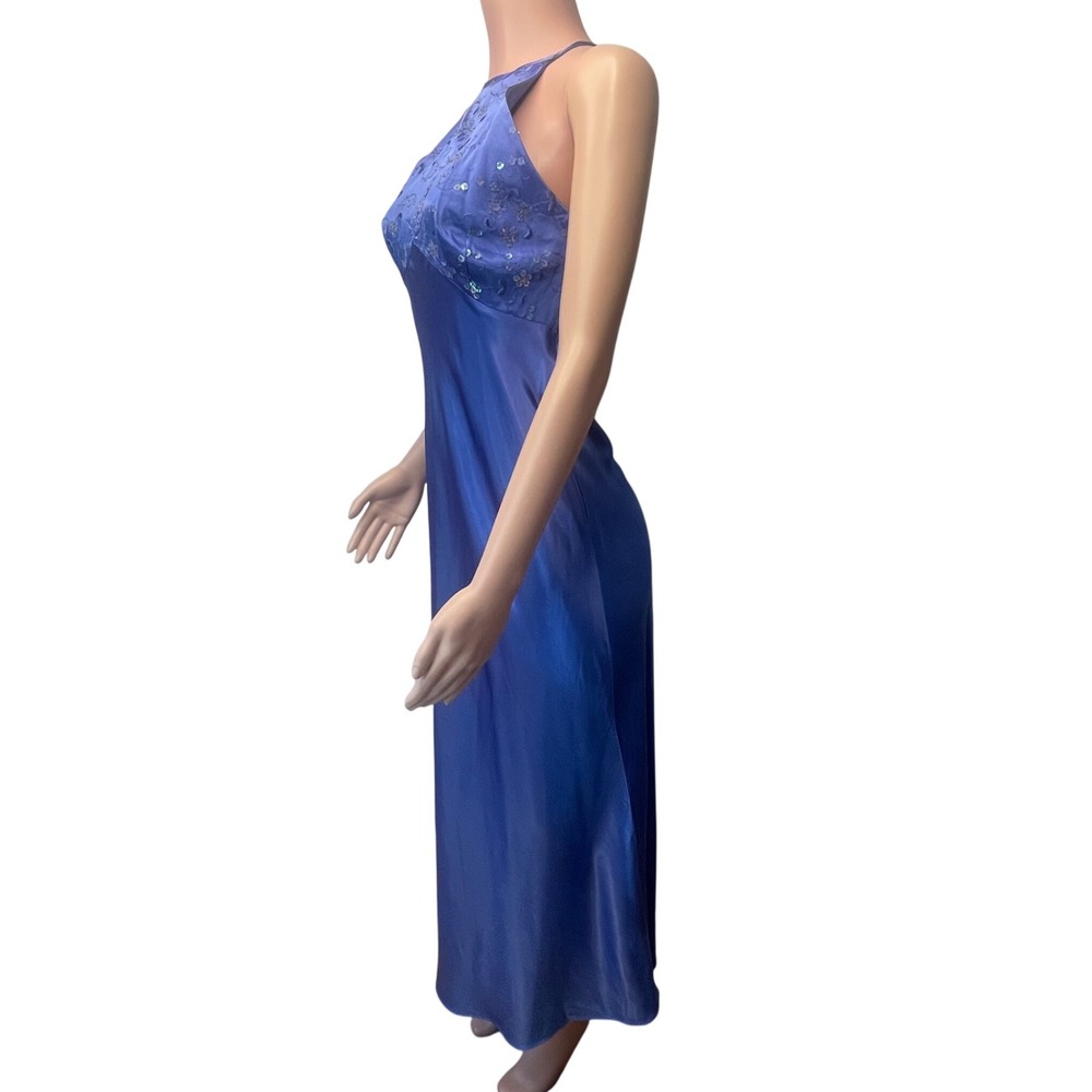Zum Zum Satin Maxi Dress Blue Sequin Halter Open Back Vintage Y2K Formal 13-14 - Picture 14 of 16